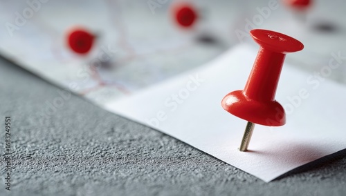 Close-up of a red pushpin on a white paper, with blurred background of other pins
