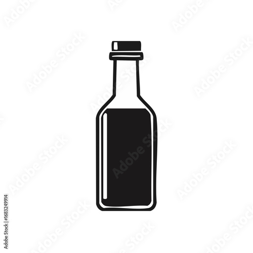 Simple Black and White Illustration of a Bottle of Oil or Liquid on a White Background