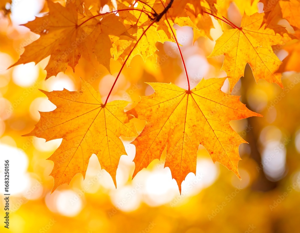 Obraz premium Vibrant autumnal maple leaves, showcasing brilliant gold hues against a soft, blurred background.