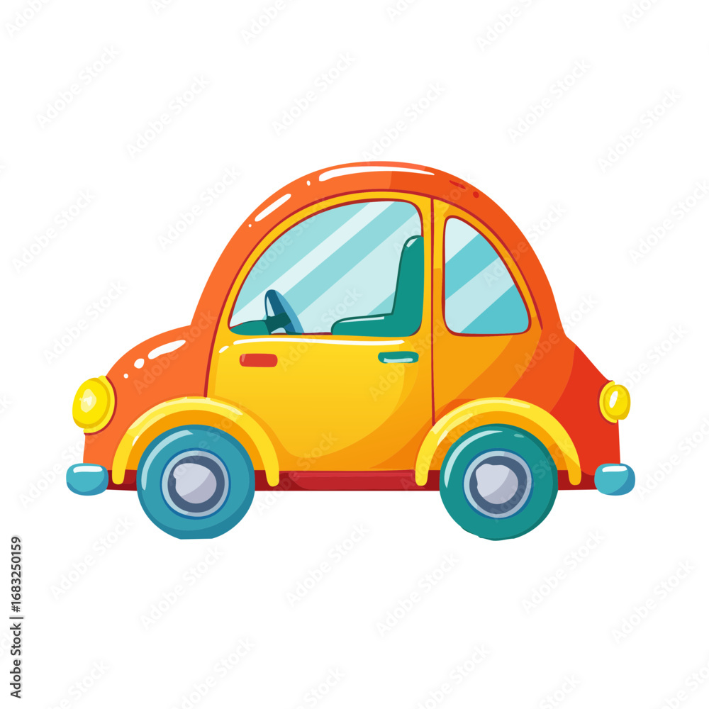 Obraz premium Cute cartoon orange and yellow toy car illustration on a white background