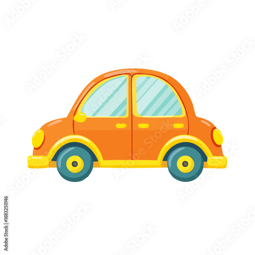 Cute cartoon orange car illustration, children's toy vehicle with blue wheels