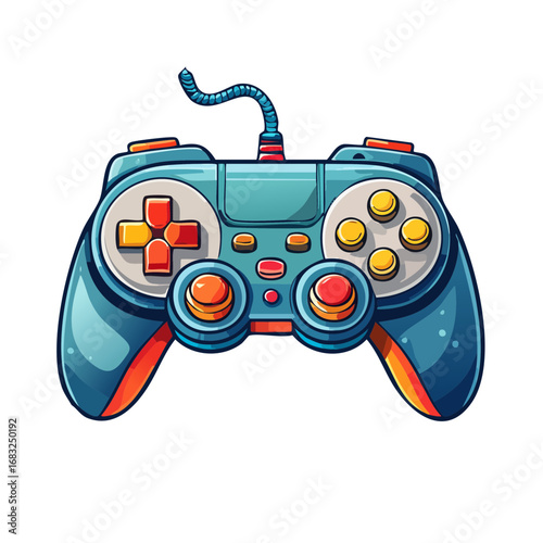 Blue video game controller with colorful buttons and a coiled cord, designed for immersive gaming experiences