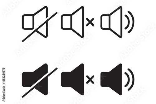 Sound off and sound on vector icons. Sound speaker icon in black outline. broadcasting,
