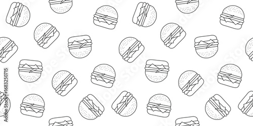 Doodle Burger Seamless Pattern. Hand Drawn Hamburger, Fast Food Repeat Background.