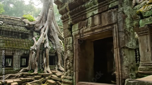 Ancient Angkor Wat Temple Ruins Overgrown by Jungle Trees