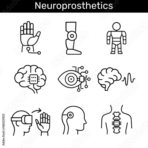 Neuroprosthetics outline icons set. Bionic hand, prosthetic leg, exoskeleton, brain chip, cyber eye, brain signal, VR prosthesis control, neural implant, spinal implant