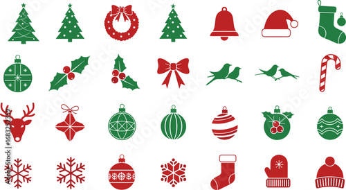 Christmas icon set in red and green vector style, festive holiday symbols including tree, ornament, stocking, snowflake, and decoration