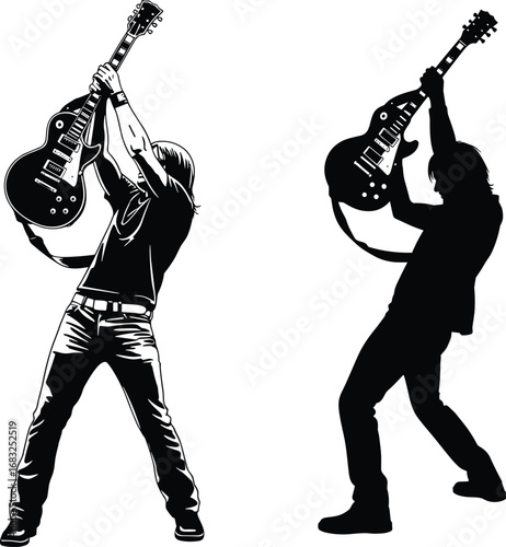 Electric guitar player silhouette set in dynamic pose, rock music vector illustration with detailed and solid black performance icons