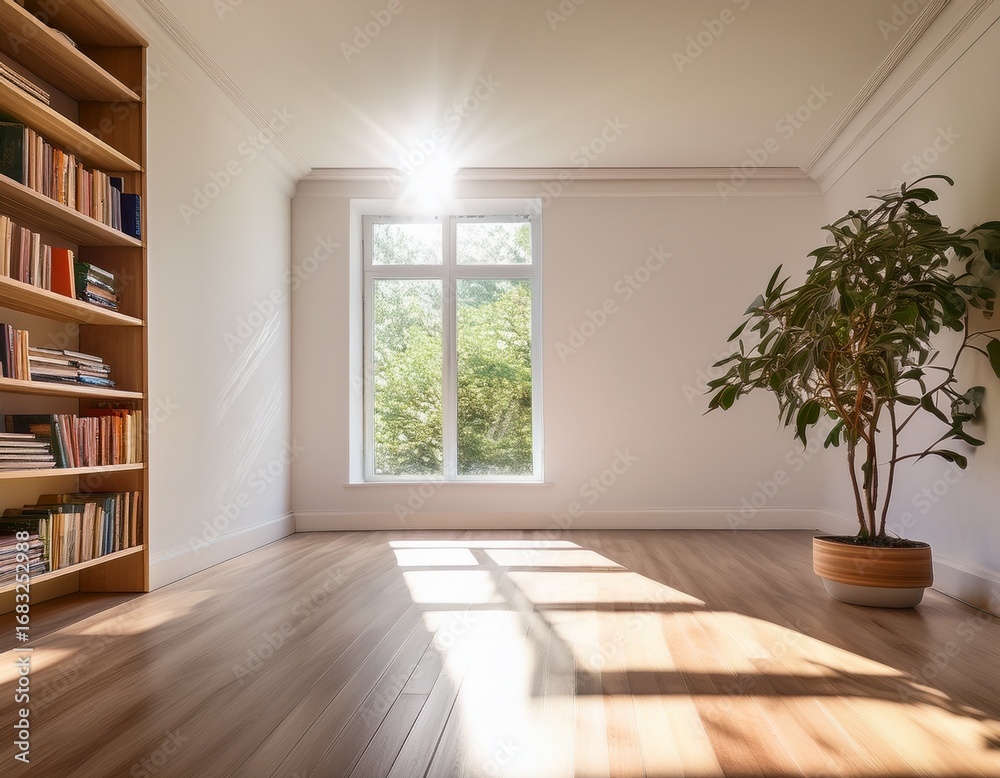 Fototapeta premium bright modern empty room with built in bookshelves sunlight streams through a window highlighting a small potted plant on the floor