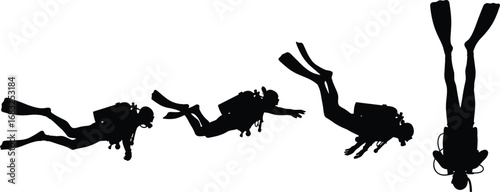 Scuba diver silhouette set in vector style, underwater swimming and diving positions with fins, mask, oxygen tank for ocean themes