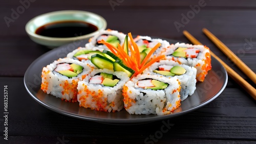 Delicious california roll sushi platter with soy sauce and chopsticks on a dark wooden table