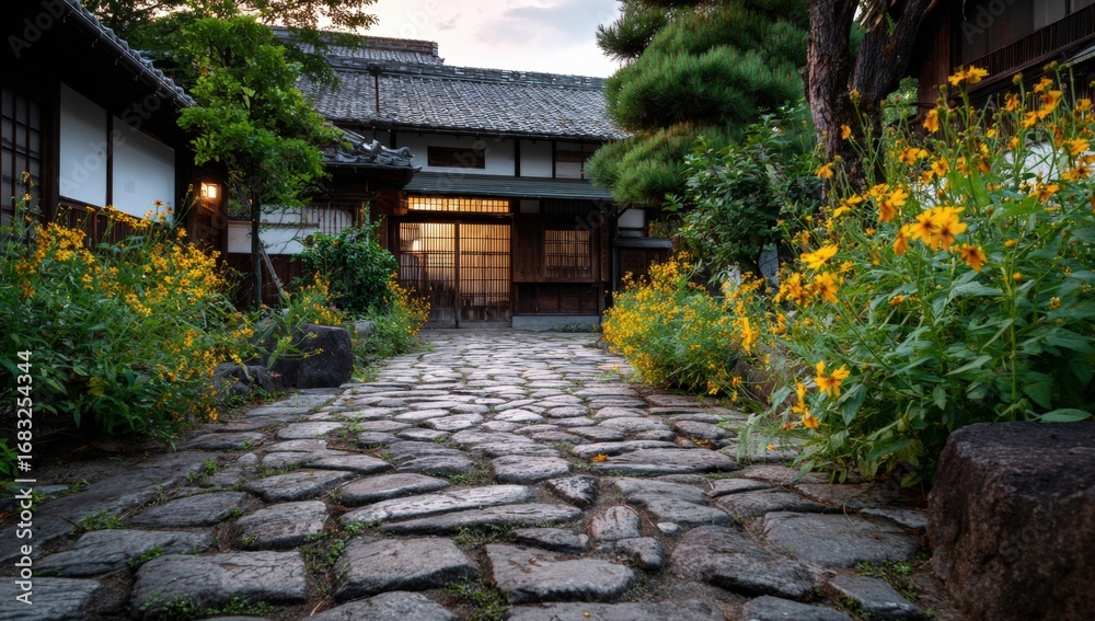 Fototapeta premium Tranquil Japanese courtyard path at twilight