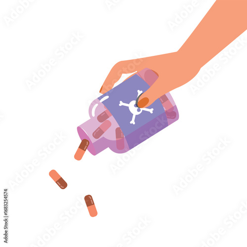 Hand holding a bottle of pill and throw away the danger drugs. Danger of pharmacy medication.