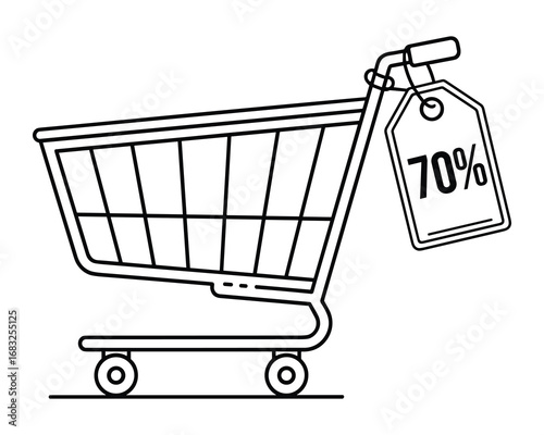 Shopping Cart with Seventy Percent Off Tag, Line Art Black and White Sale Illustration