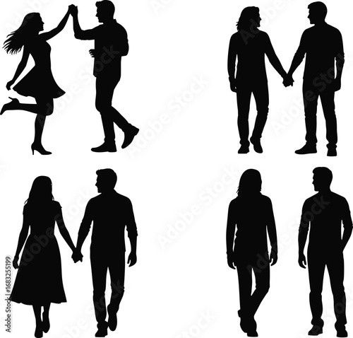 Silhouette illustration of couple dancing, walking hand in hand, standing together and apart, symbolizing love, connection, companionship, and relationship.