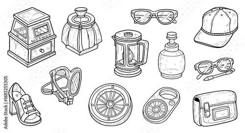 Line art sketch doodle fashion accessories set. Various vintage personal style items and clothing design elements. Vector illustration