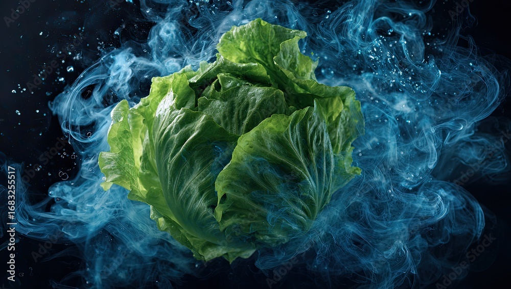 Fototapeta premium Fresh head of lettuce enveloped in blue smoke and water splashes