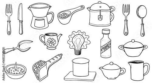 Hand-drawn kitchen tool element set. Utensil and cookware sketch style vector. Line brush illustration.
