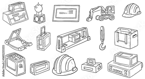 Construction objects line art illustration. Industry, building, engineering, tools, equipment, technology, machinery, mechanics, infrastructure.