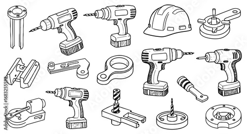 Hand drawn construction tool, device sketch set. Line art drill, helmet, fixture scribble icon. Simple industry equipment, engineering outline illustration