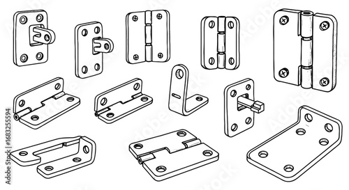 Line drawing hardware hinge, latch, plate set. Sketch metal door, furniture part. Industrial construction equipment outline collection. Vector illustration