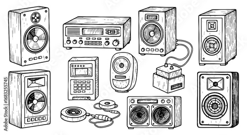 Audio equipment sketch, speakers, radio, tape player doodle set. Hand drawn vintage music system scribble line art elements. Vector illustration