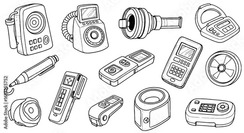Hand-drawn tool and device sketch icon set. Gadgets, equipment, and instrument design vector illustration.
