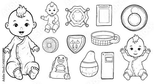 Line sketch baby toys doodle icon set. Hand drawn sketch cute baby, toy element. Pen line kids baby rattle scribble shape icon. Vector illustration