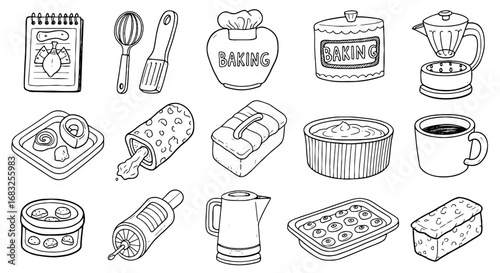 Baking tool sketch icon set. Cooking, mixer, cookbook, sweets, and batter element in drawing brush outline style. Kitchenware icon collection. Vector illustration