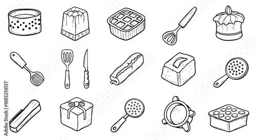 Line art kitchenware food cooking tools set. Sketch whisk pot box kitchen utensils bake cooking preparation element icon. Vector illustration