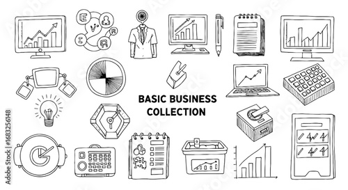 Line sketch basic business collection set. Hand drawn doodle sketch style vector icon. Computer, graph, teamwork elements. Vector illustration