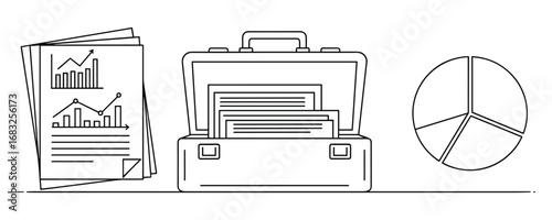 Briefcase Containing Reports and Statistical Charts For Financial Performance Outline.