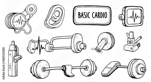 Line art sketch cardio equipment set. Heart, monitor, dumbbell hand drawn medical training illustration.