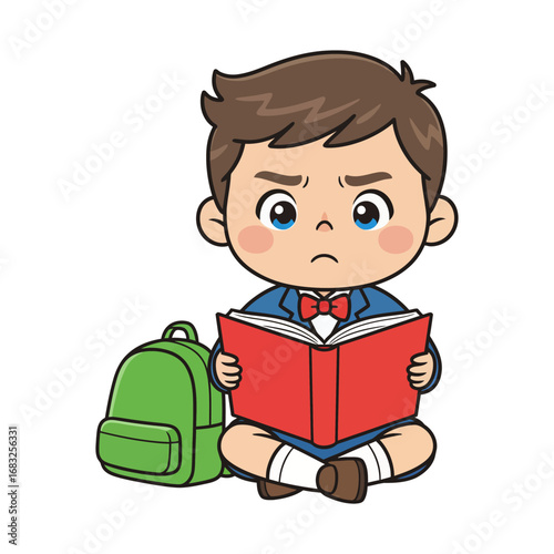 A cartoon boy in school uniform, upset, sitting and reading a book.