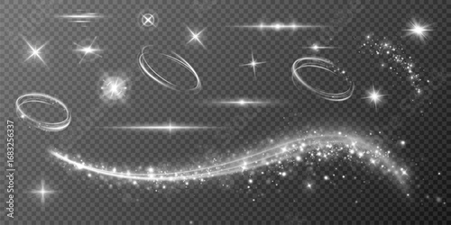 Light effects.Wind glare, explosions, shine, dust, lines, solar flares, sparks, sequins, stars, curved curls. Glow special effect of light