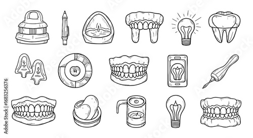Hand drawn denture dental tool icon set. Tooth care clinic sketch illustration.