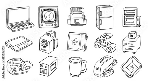 Doodle household appliance icon set. Sketch outline technology object, machine. Equipment, device, electronics, tool line art. Vector illustration