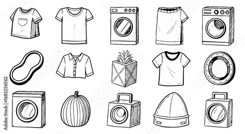 Sketch doodle clothes wash set. Hand drawn shirt, plant pot, wash mashine, box, pumpkin element. Pen line texture scribble shape icon vector illustration
