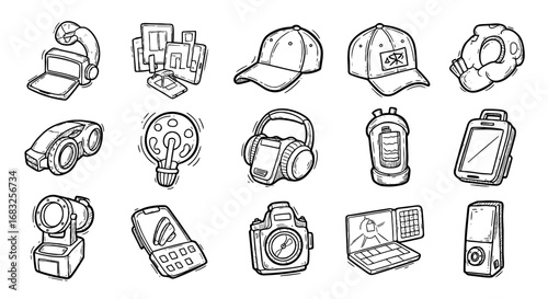 Line sketch gadget tech icon set. Hand drawn headset, phone, camera doodle sketch. Device design gadget scribble shape icon vector illustration