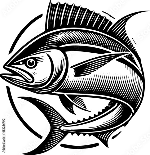 Illustration of a stylized fish with detailed scales and fins surrounded by a partial circle line