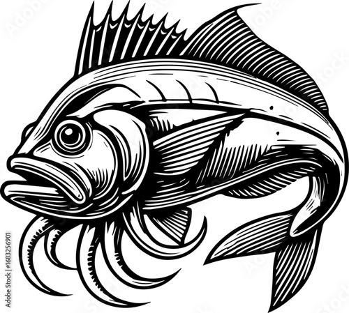 Detailed monochrome illustration of a fish with prominent fins and textured scales in black and white