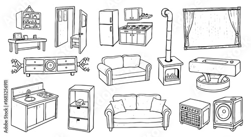 Doodle sketch line furniture set. Hand drawn line sofa, appliance, cabinet, object element icon. Pen line decoration shape. Vector illustration