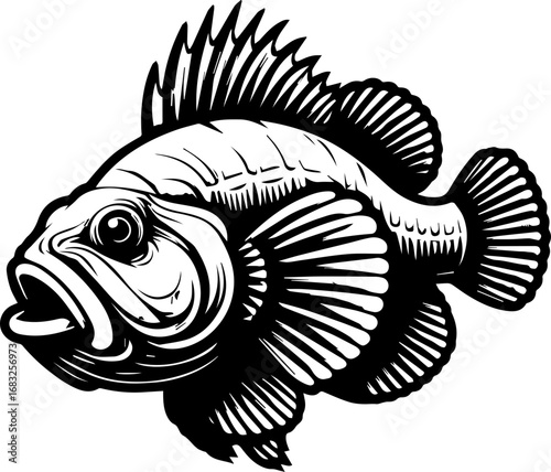 Detailed monochrome illustration of a fish with prominent fins and open mouth in a side view design