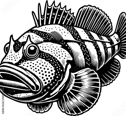 A black and white illustration of a rockfish with detailed fins and distinctive markings on its body