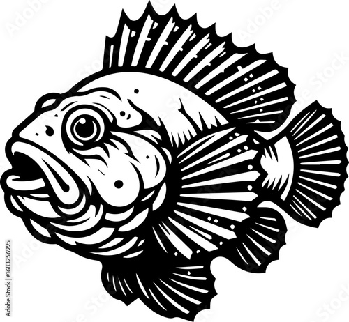 Detailed black and white illustration of a fish with prominent fins and open mouth in a vector format