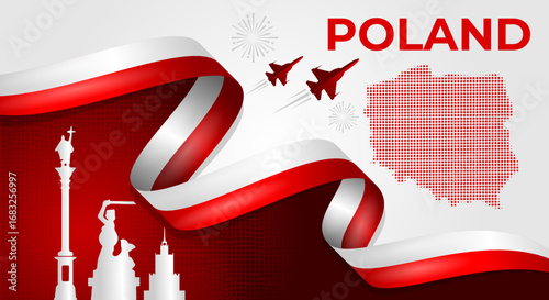 Poland Independence Day Celebration Banner with National Ribbon, Map, and Monuments