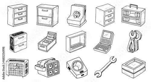 Line art sketch office and tool icon set. Hand drawn furniture, computer, and tool illustrations. Vintage office supplies, retro work items. Vector illustration