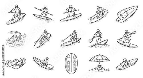 People enjoy various water sports on boards. Surfing, paddling, tubing, and kayaking in black and white line art. Recreation, fun, summer, vacation, adventure.