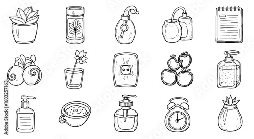 Line sketch doodle object icon set. Home decor, kitchen, bedroom elements in hand drawn style. Abstract illustration