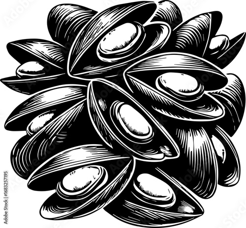 A detailed illustration of a cluster of mussels with open shells in a black and white woodcut style